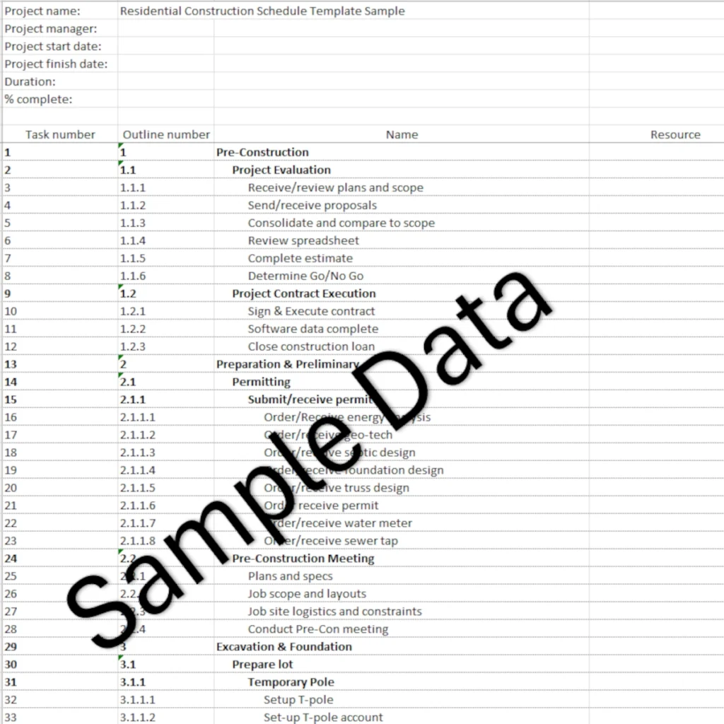 Sample Residential Construction Schedule Spreadsheet Template www.ifyourhousecouldtalk.com